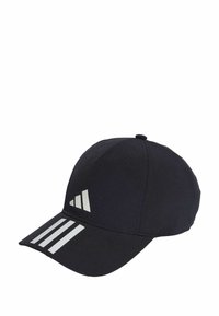 Gorra de béisbol negra hecha de tela, con visera curvada y tres franjas blancas en la parte delantera con un diseño de logo en un lado.