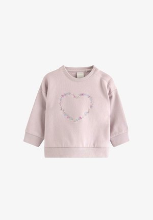 Lyserød toddler-sweatshirt med et blomsterhjerte design centreret på brystet og trykknapper på skulderen.