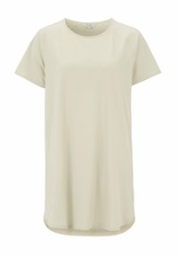 Hellbeige T-Shirt aus weichem Stoff, mit Rundhalsausschnitt, kurzen Ärmeln und einem leicht geschwungenen Saum für eine lässige Passform.