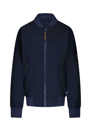 Marineblauwe bomberjack met ritssluiting, geribbelde manchetten en kraag, zijzakken en contrasterende stofaccenten. Glad, lichtgewicht materiaal.