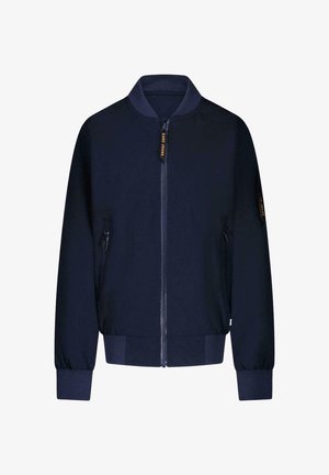 Marineblauwe bomberjack met ritssluiting, geribbelde manchetten en kraag, zijzakken en contrasterende stofaccenten. Glad, lichtgewicht materiaal.