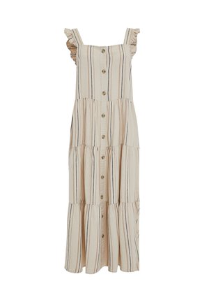 Abito righe beige con spalline a volant, chiusura con bottoni sul davanti e orlo a strati. Presenta sottili righe blu e marroni su un tessuto testurizzato.