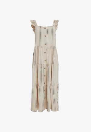 Abito righe beige con spalline a volant, chiusura con bottoni sul davanti e orlo a strati. Presenta sottili righe blu e marroni su un tessuto testurizzato.