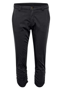 Svarta beskurna byxor med en slät textur, med en åtsittande midja, framknäppning och rynkdetaljer vid nederkanten.