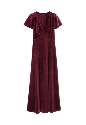 Rochie maxi din catifea burgundy, cu mâneci scurte și evazate, decolteu adânc în V și formă fluidă. Textură moale cu un luciu subtil. Fără aplicații vizibile.