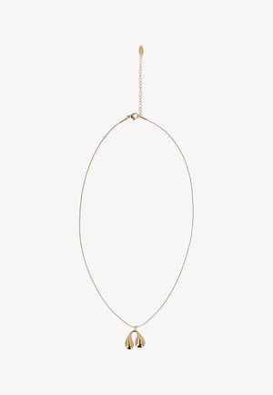 Hieno kultainen ketjukaulakoru, jossa säädettävä lukko ja riipus, jossa on kaksi sileää, pisaranmuotoista elementtiä.