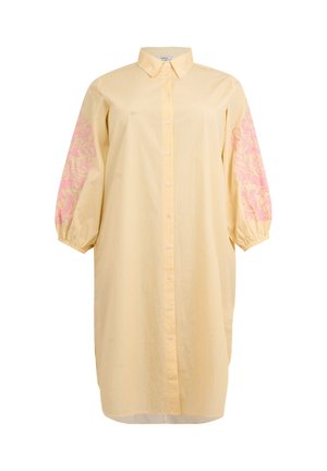 Gelb gestreiftes Hemdkleid mit Kragen und gepufften Ärmeln, verziert mit rosa Blumenstickerei.