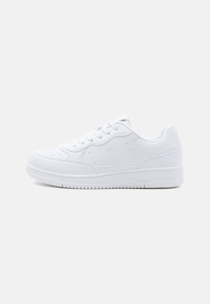 White low-top sneaker with laces, subtle perforations, and Polo brand logo on the side and sole, shown in right profile.