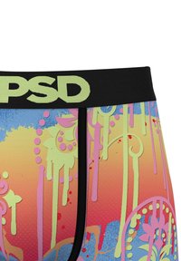 Spalvoti PSD bokseriai su juodu elastiniu dirželiu. Yra gradientinė pastelinių spalvų struktūra su lašais, taškais ir gėlių raštais.