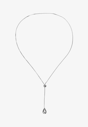 Zilveren ketting met een slanke schakel, met een ronde kraal en een druppelvormige hanger die uit het midden hangt. Glad oppervlak en minimalistisch ontwerp.
