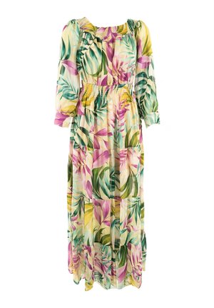 Rochie maxi dintr-un material ușor, transparent, cu un model tropical de frunze multicolore în verde, roz și galben, având decolteu și manșete elasticizate.