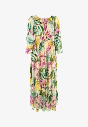 Maxi dress in lightweight, sheer fabric featuring a multicolored tropical leaf pattern in green, pink, and yellow with smocked neckline and cuffs.
