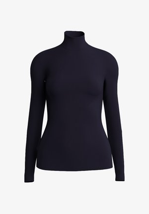 Marineblaues Langarm-Top mit Stehkragen aus elastischem Stoff. Glatte Textur, enganliegendes Design, ohne sichtbare Logos oder Verzierungen.