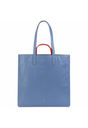 Blue leather tote bag with smooth texture, two long handles, and an orange accent handle. Minimalist design with a gold logo detail.