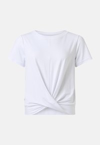 T-shirt blanc à manches courtes avec un col rond et un détail de nœud torsadé à l'ourlet avant.