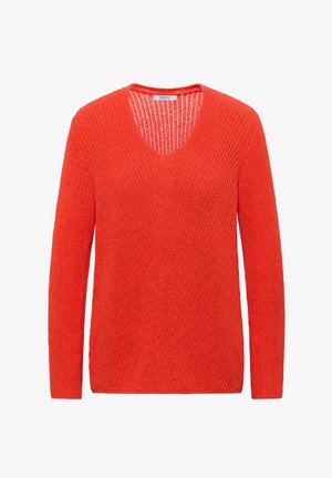 Lyseorange strikket langærmet sweater med V-hals og tekstureret mønster, mærket "CE.CIL" inde i halsudskæringen.