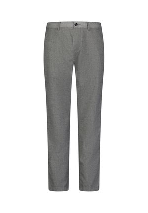 Pantaloni grigi realizzati in tessuto testurizzato, con vestibilità dritta, chiusura con bottone e due tasche laterali. Design semplice, senza motivi visibili.