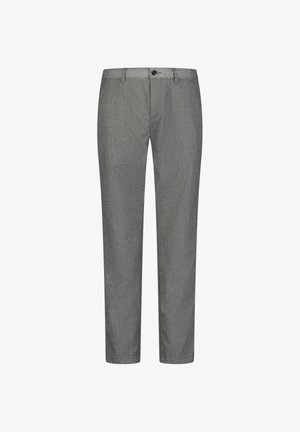Graue Hose aus strukturiertem Stoff, mit geradem Schnitt, Knopfverschluss und zwei Seitentaschen. Schlichtes Design, ohne sichtbare Muster.