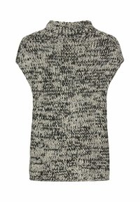 Pull tricoté avec un col haut, présentant un motif moucheté noir et crème. Manches courtes et coupe décontractée, fabriqué en fil texturé.