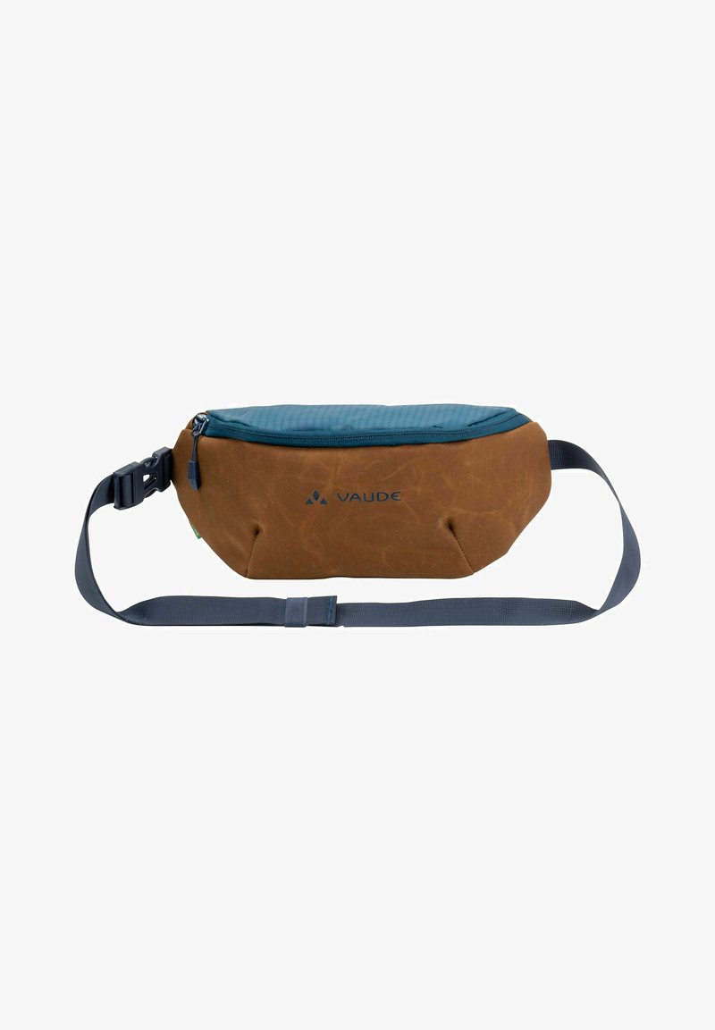 Borsa in tessuto marrone con zip blu nella parte superiore, dotata di un logo e cinturino regolabile. Superficie testurizzata e forma sagomata per un maggiore supporto.
