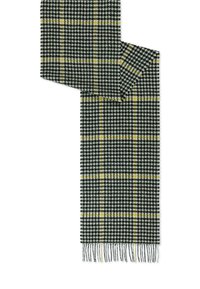 Black and white houndstooth pattern scarf with yellow accent lines, featuring fringed edges, made from a soft woven material.