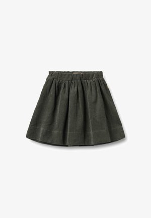 Donkergroene corduroy rok met geplooid ontwerp, elastische tailleband en gestructureerde stof. De zoom heeft een eenvoudige stikselafwerking.