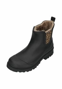 Bota de lluvia negra hasta el tobillo con suela estriada, paneles elásticos laterales con estampado de leopardo y forro interior de suave lana marrón.