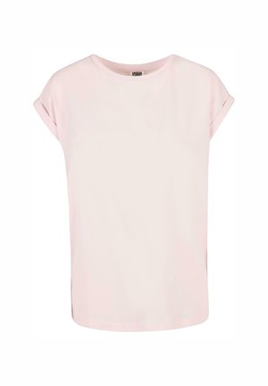 Tricou scurt cu mânecă scurtă, de culoare roz pal, cu guler rotund, croi lejer și manșete răsucite; material din bumbac fin, de culoare uniformă.