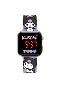 Digitale horloge met een vierkant zwart display, een paarse silicone armband met Kuromi-figuren en een rode LED-tijdsaanduiding.