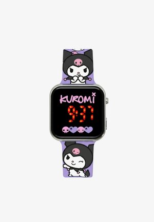 Montre numérique avec un affichage carré noir, un bracelet en silicone violet avec des graphiques du personnage Kuromi, et un affichage de l'heure LED rouge.