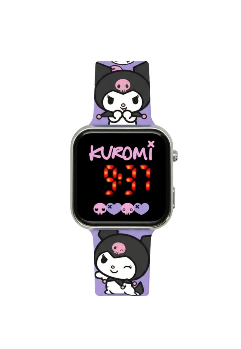 Digitale horloge met een vierkant zwart display, een paarse silicone armband met Kuromi-figuren en een rode LED-tijdsaanduiding.