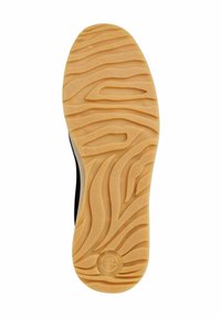 Suola di scarpa nera con un motivo a onda, dotata di una parte inferiore in gomma tan testurizzata. Logo circolare trasparente e indicatore di taglia vicino al tallone.