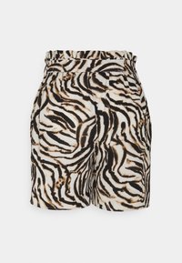 Trousers in a tiger stripe pattern, featuring a ruffled waistband, made from a lightweight fabric in beige, black, and brown hues.
