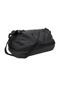 Black duffel bag made of waterproof material, featuring a rounded shape, adjustable shoulder strap, and zippered pockets for storage.