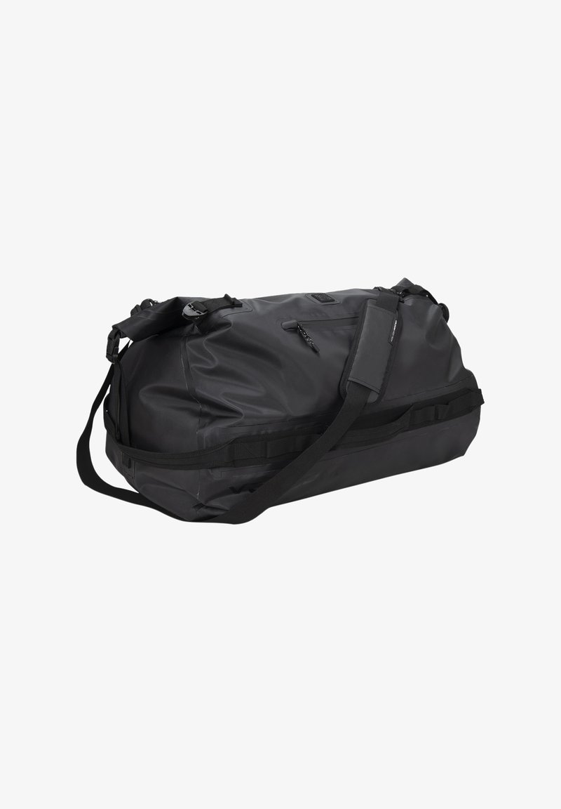 Black duffel bag made of waterproof material, featuring a rounded shape, adjustable shoulder strap, and zippered pockets for storage.