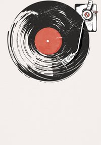 Disque vinyle noir avec une étiquette rouge centrale et un bras de lecture positionné dessus. L'arrière-plan est beige clair avec une texture visible.