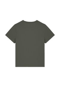 Olivgrünes Kurzarm-T-Shirt mit Rundhalsausschnitt und geradem Schnitt. Hergestellt aus glattem Stoff ohne sichtbare Muster oder Akzente.