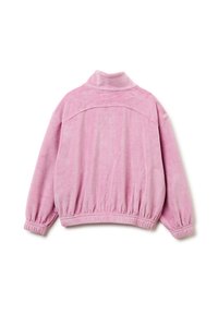 Růžová fleecová bunda s vysokým límcem, elastickými rukávy a spodním lemem. Má hladký povrch a volný střih. Pouze zadní pohled.