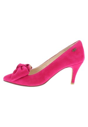Pink suede high-heeled shoe with a pointed toe and a decorative knot accent on the vamp. Features a slim heel and a smooth inner lining.