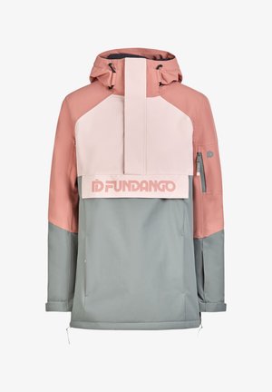 Hoodie in Pink und Grau, mit hohem Kragen, auffälligem Logo, seitlicher Reißverschlusstasche und wasserabweisendem Stoff.