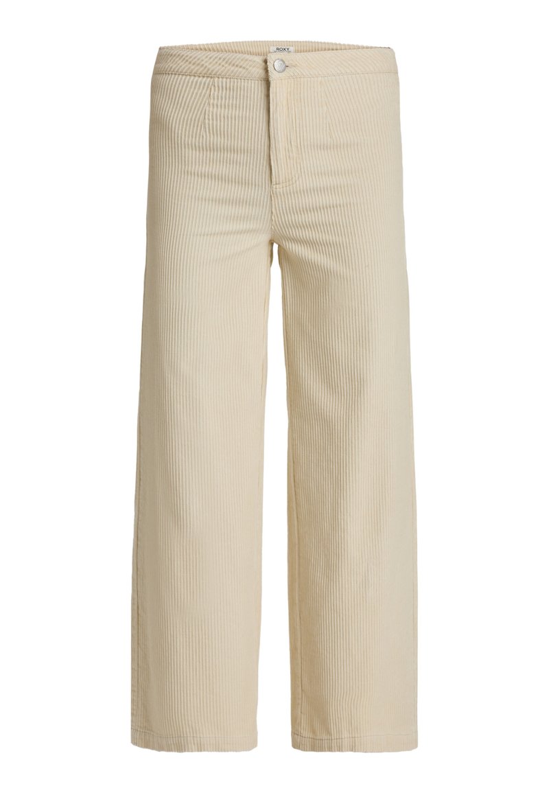 Pantalons large en velours côtelé beige avec des rayures verticales, dotés d'une fermeture à bouton et de deux poches frontales pour la fonctionnalité.