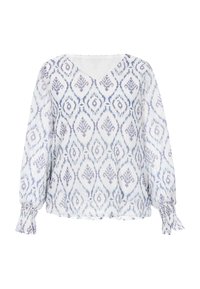 Blusa bianca con scollo a V e maniche lunghe a palloncino. Presenta un motivo geometrico blu e polsini elasticizzati per creare un effetto arricciato.
