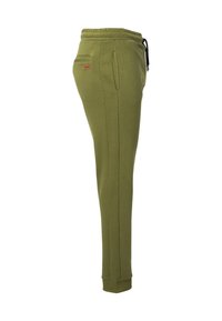 Olivengrüne Sweatpants aus weichem Stoff, mit elastischem Bund und Kordelzug, Seitentaschen und gerippten Bündchen.