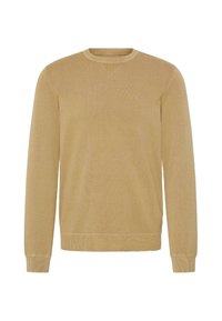 Khaki trui met ronde hals gemaakt van gestructureerde gebreide stof. Voorzien van lange mouwen en geribbelde boorden en zoom. Eenvoudig, onversierd ontwerp.