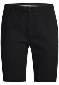 Black shorts made of stretch fabric, featuring a classic cut, smooth texture, and a waistband with belt loops and a front zipper.