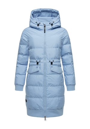Light blue, hooded puffer jacket with zip closure, two front pockets, cinched waist, ribbed cuffs, and horizontal quilted texture.