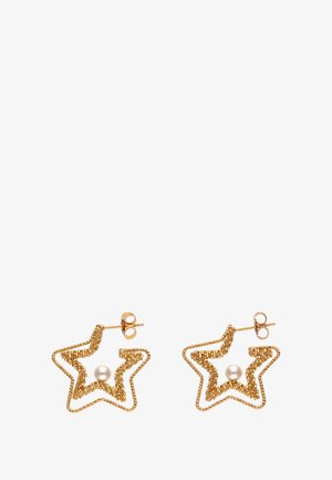 Sternförmige Ohrringe in Gold mit strukturiertem Rand, die eine zentrale Perle präsentieren. Das Design ist offen und zart, mit filigranen Details.