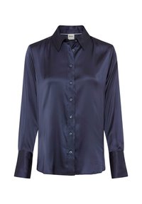 Marineblaue Satinbluse mit klassischem Kragen, durchgehender Knopfleiste und langen Ärmeln mit kontrastierenden dunkleren Manschetten. Glatte Textur und taillierte Passform.