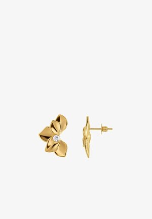 Goldene Ohrstecker in Blumenform mit vier Blütenblättern und einem kleinen runden, klaren Edelstein in der Mitte, Vorder- und Seitenansicht.