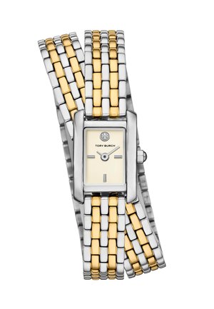 Orologio Tory Burch con bracciale rettangolare in argento e oro. Quadrante bianco con marcatori neri, che presenta un logo e semplici indicatori delle ore.